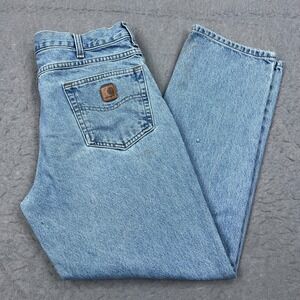 Carhartt Jeans Men's 36x30 Blue Relaxed Fit Straight Denim Leather Patch B17-STW